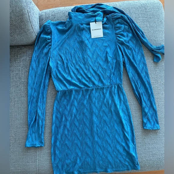 Glamorous Turquoise Textured High-Neck Mini Dress Size US 8 - Picture 3 of 16